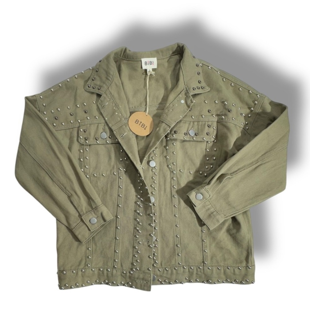 NWT Womens Small Studded Green Deniem Fashion Jacket Boho Distressed 100% Cotton